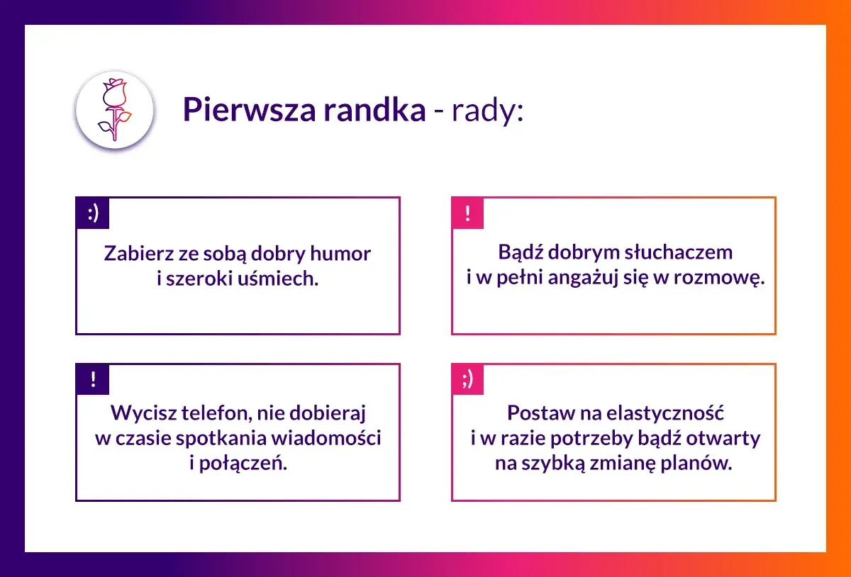 Pierwsza randka - rady: dobry humor, słuchaj, wycisz telefon, bądź elastyczny. Pomysły na udane spotkanie.