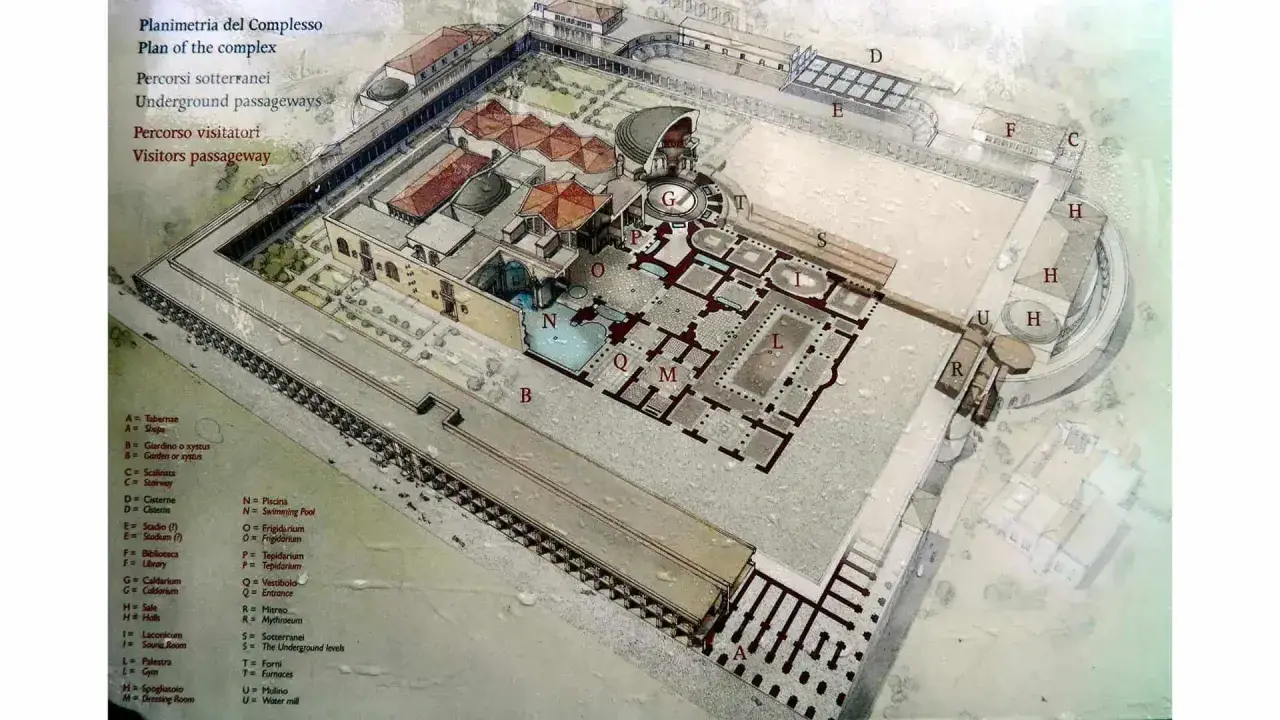 Vue aérienne d'une reconstitution des thermes de Caracalla, montrant les piscines, les jardins et les passages souterrains.
