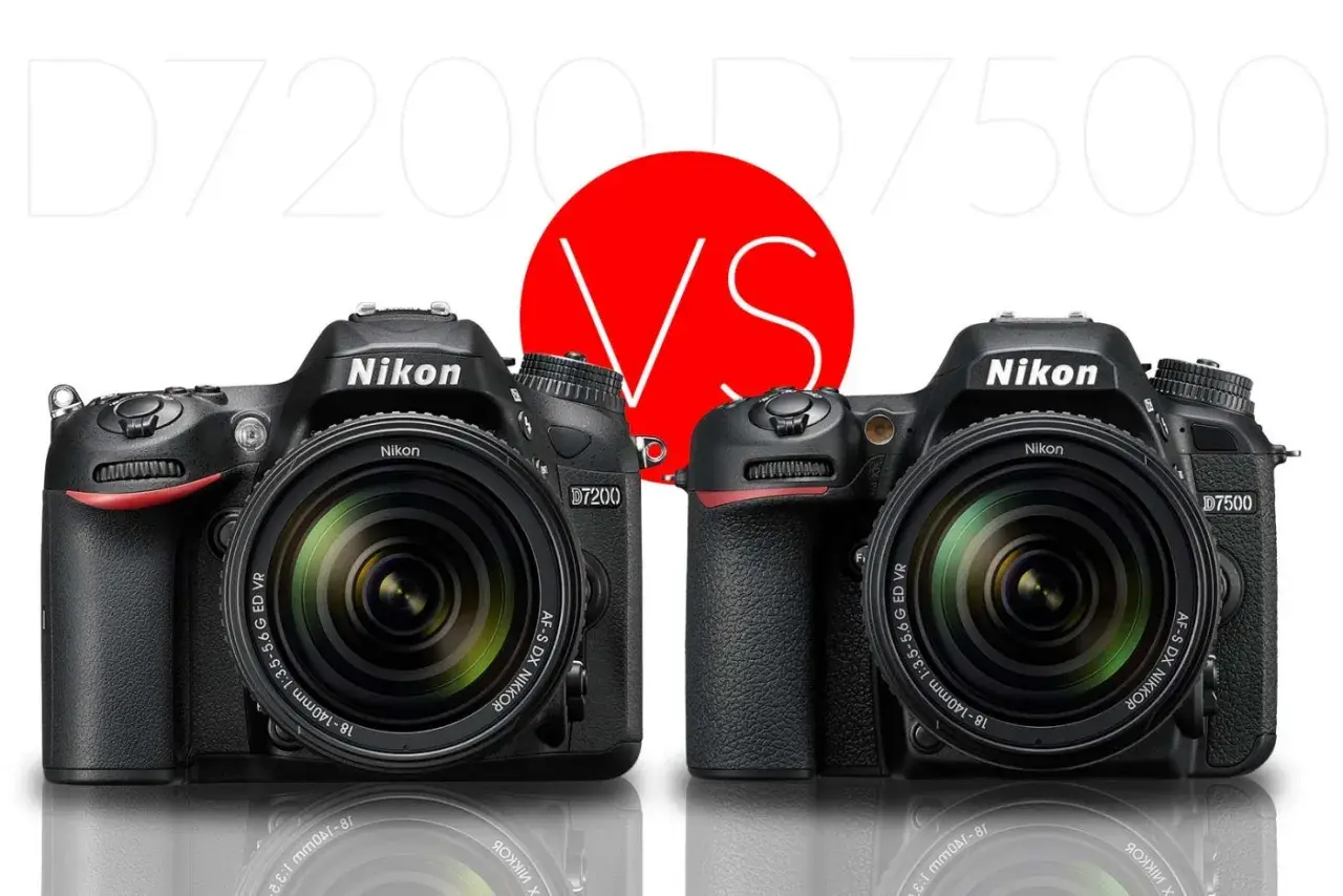 Due reflex Nikon D7200 e D7500 affiancate, con un grande cerchio rosso con "VS" al centro.