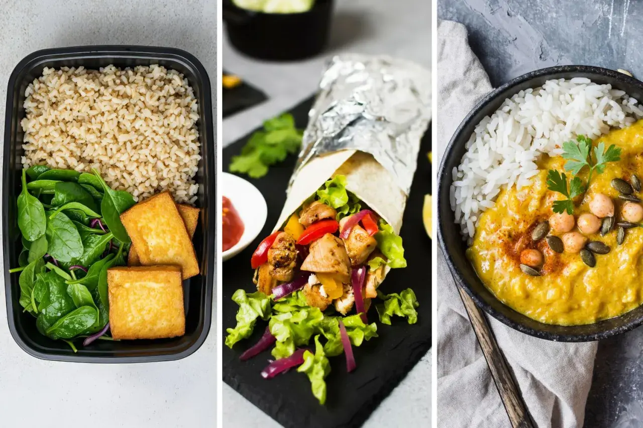 Kolorowe dania z ryżem, wrap z kurczakiem i warzywami, curry z ciecierzycą – inspiracje na meal prep przepisy.