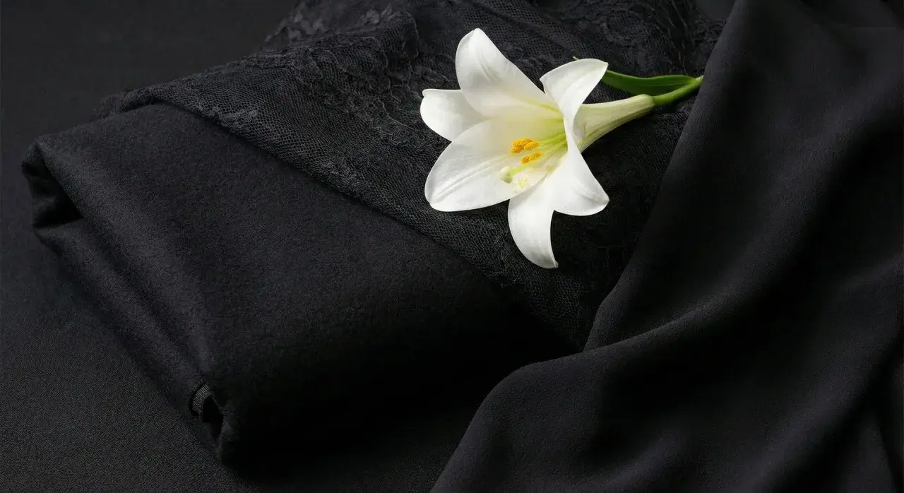 Lirio blanco sobre telas negras, evocando el significado del color negro: elegancia, misterio y luto.