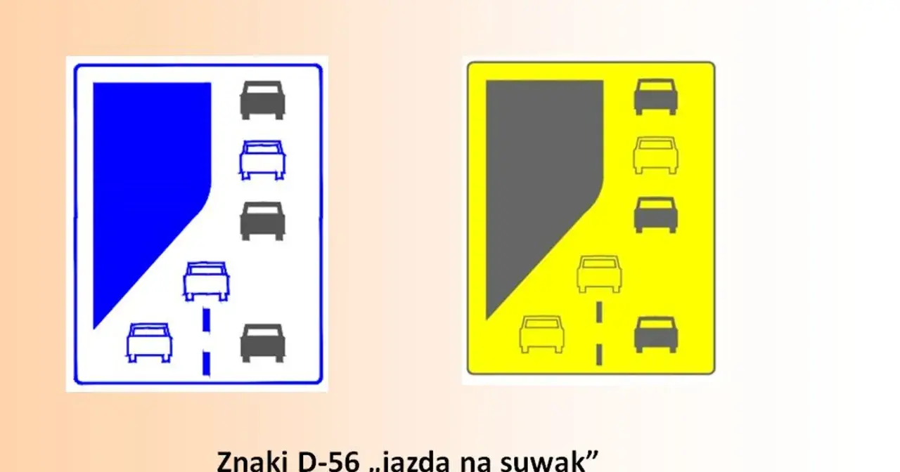 Znaki D-56 ilustrują jazda na suwak. Po lewej niebieski znak z samochodami, po prawej żółty znak z samochodami.