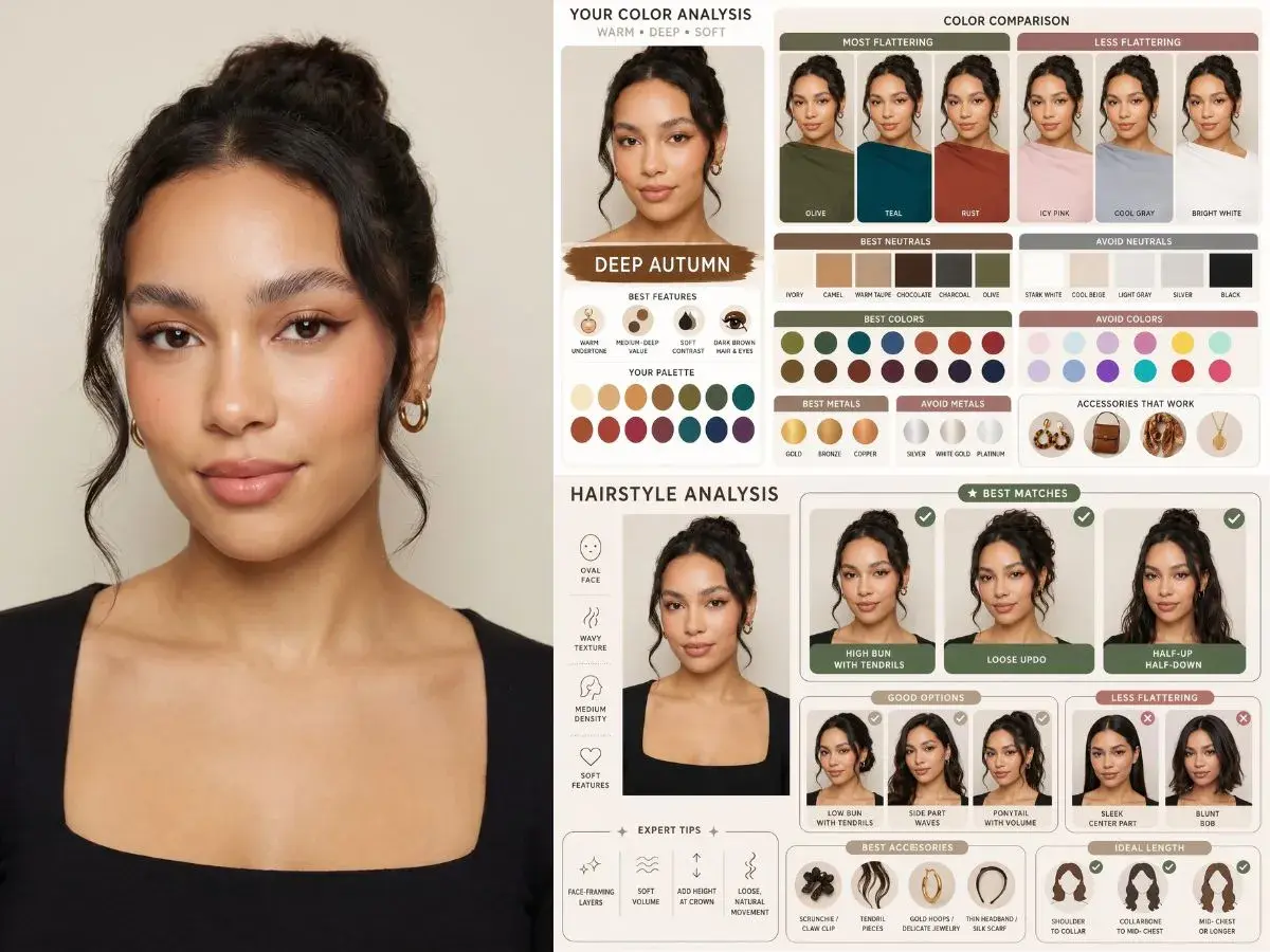 Análisis de colorimetría para "Deep Autumn", mostrando paletas de colores, peinados y accesorios que favorecen a la modelo.
