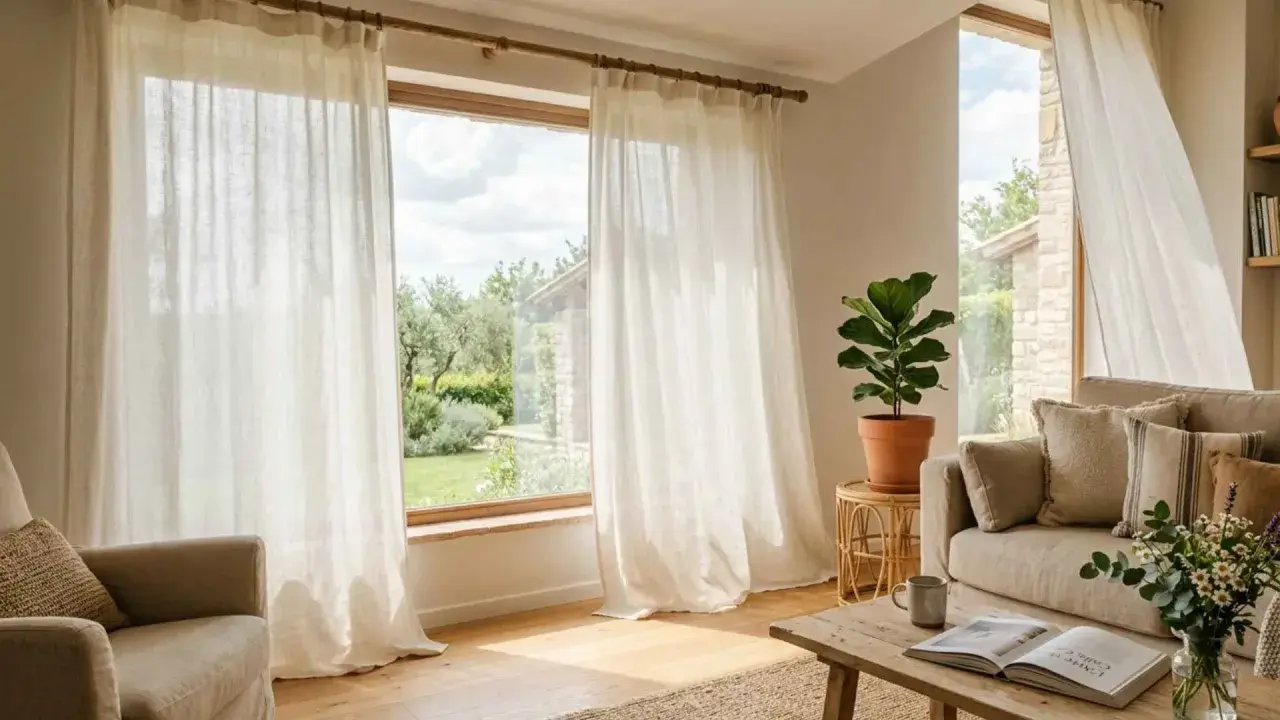 Tende leggere che arrivano fino al soffitto, creando un'atmosfera ariosa e luminosa in un soggiorno accogliente con vista sul giardino.