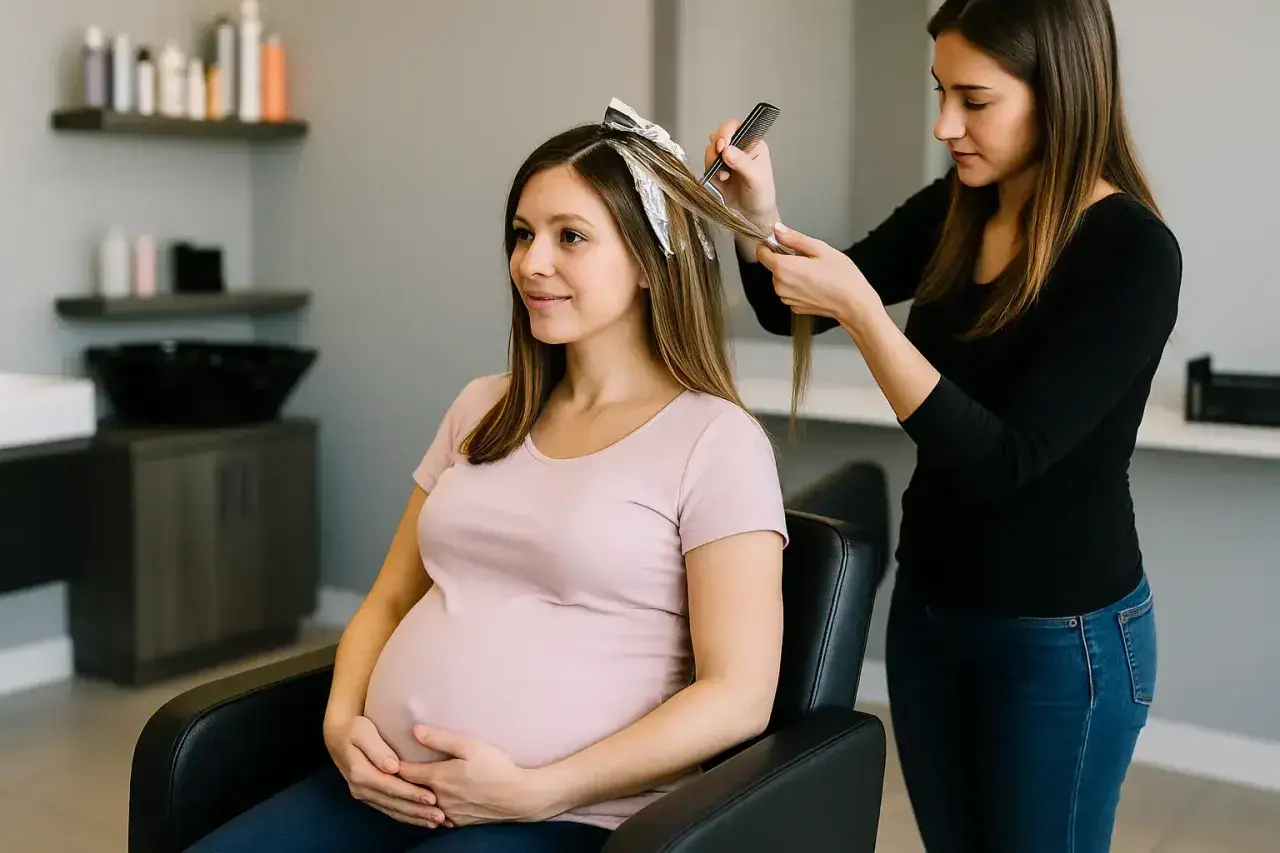 Une coiffeuse réalise une décoloration sur les cheveux d'une femme enceinte, qui tient son ventre avec un sourire.