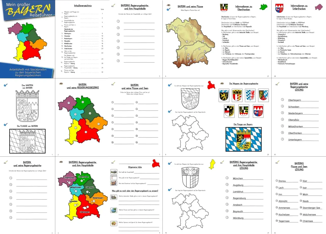 Arbeitsheft zur 4. Klasse Bayern: Regierungsbezirke und ihre Hauptstädte. Hier lernen Kinder die bayerischen Regierungsbezirke kennen.