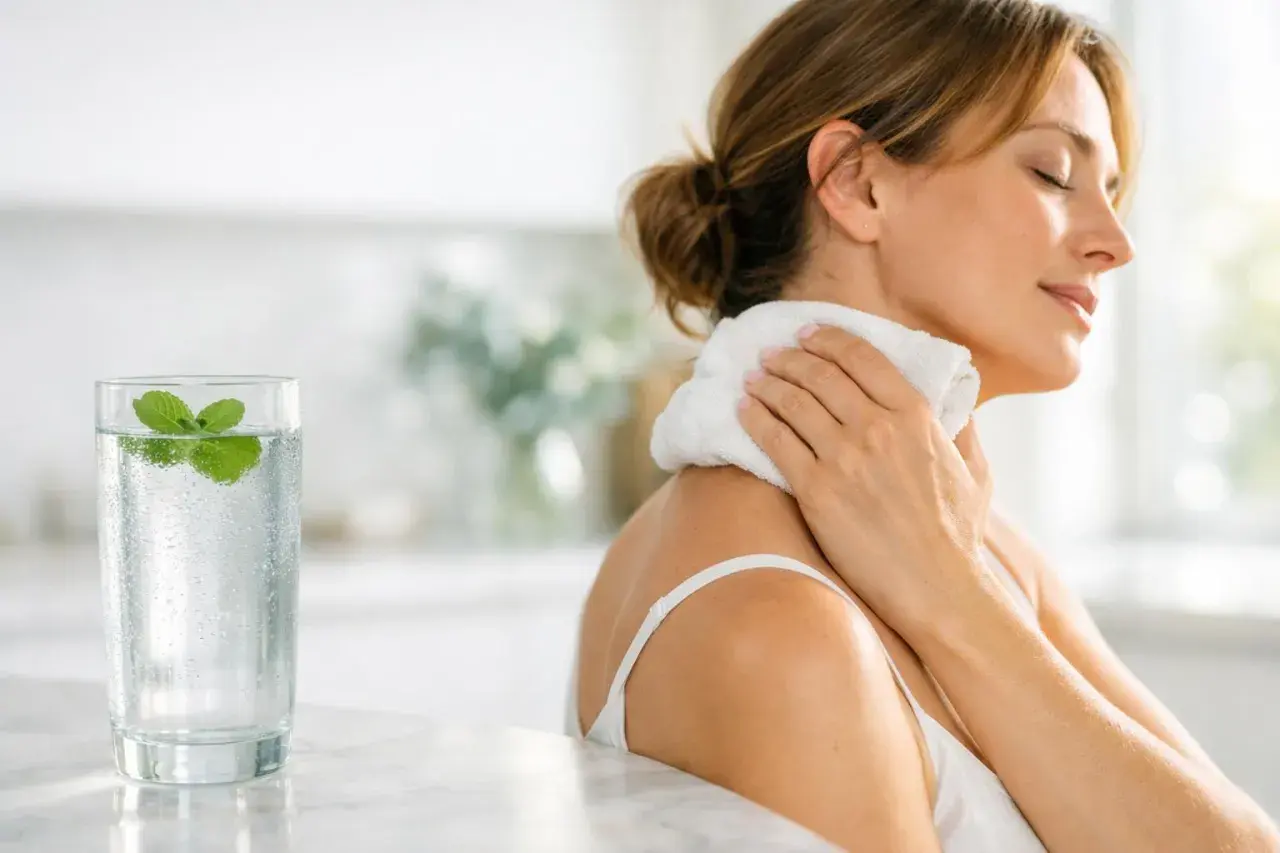 Donna con impacco fresco sul collo, bicchiere d'acqua e menta: rimedi naturali mal di testa.