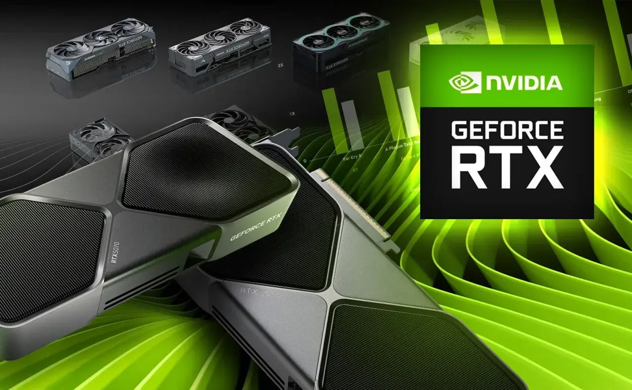 Karty graficzne RTX 5000 series: RTX 5070 i RTX 5090, obok mniejszych modeli i logo NVIDIA.