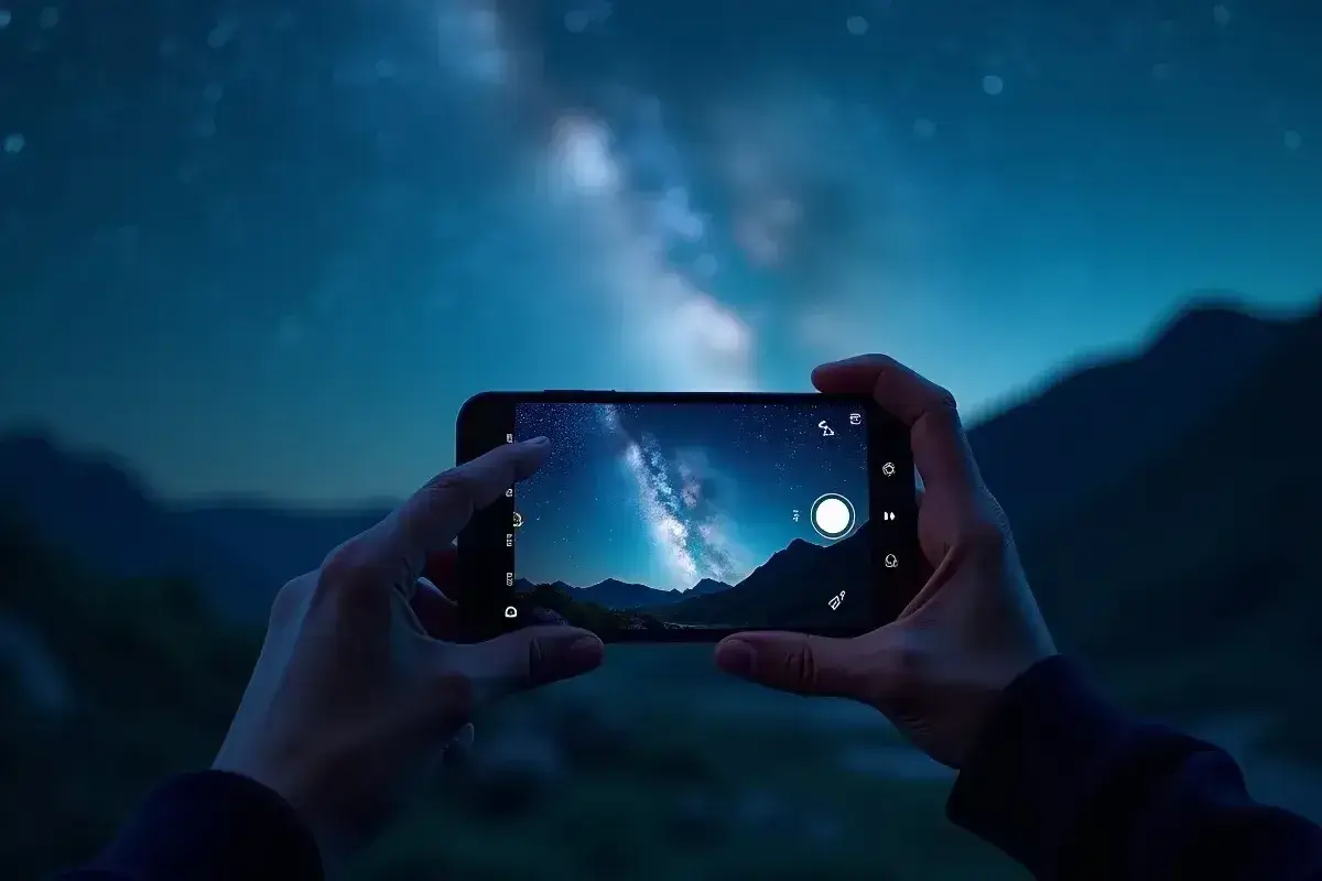 Ręce trzymają smartfon, na którym widać Drogę Mleczną. Dowiedz się, jak zrobić zdjęcie gwiazd telefonem.