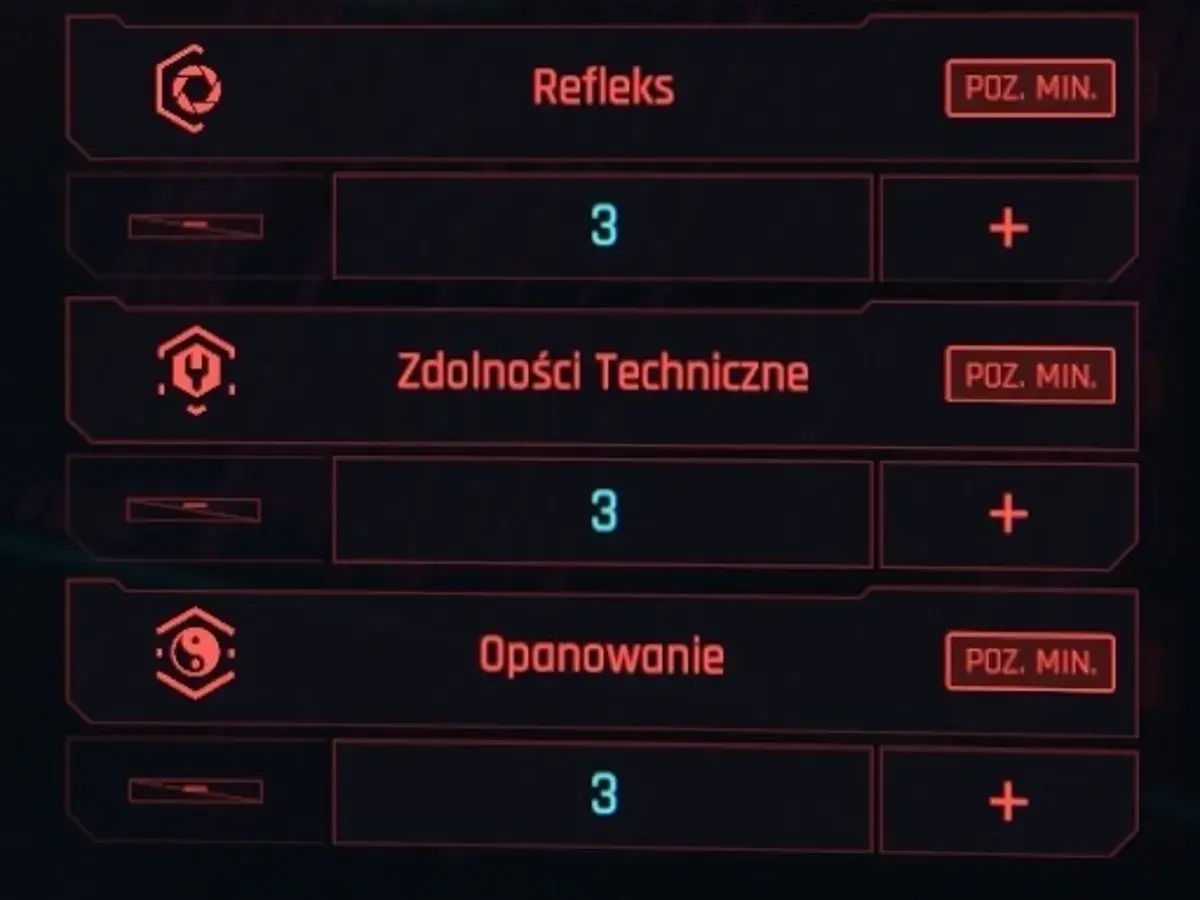 Cyberpunk atrybuty na start: Refleks, Zdolności Techniczne, Opanowanie. Każdy na poziomie 3, gotowy do rozwoju.