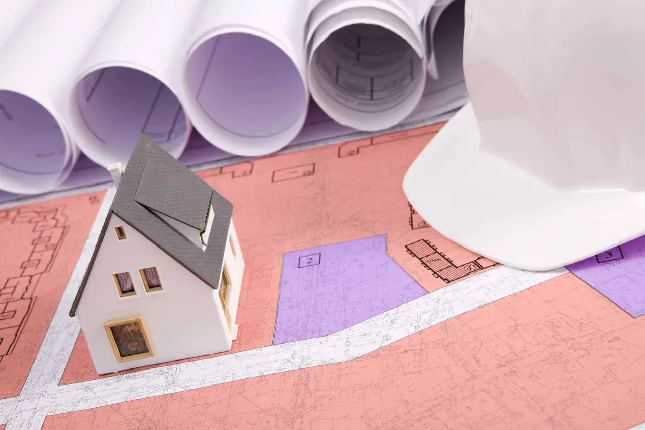 Model domu na planach, biały kask budowlany i zwoje projektów. Planowanie inwestycji, uwzględniające służebność przesyłu.