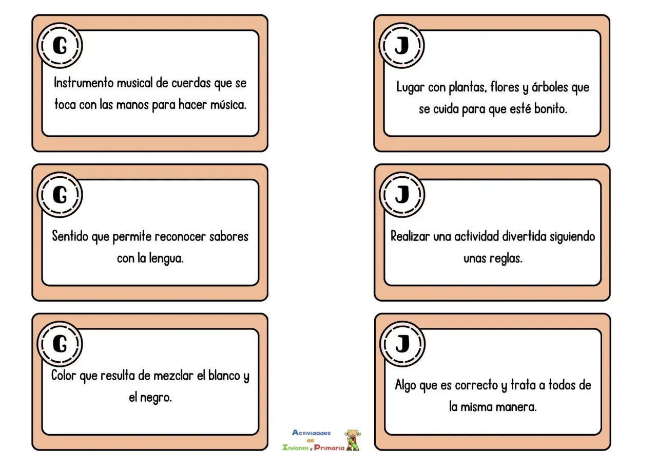 Tarjetas con preguntas divertidas tipo Pasapalabra para niños: instrumento musical, lugar bonito, sentido del gusto, actividad con reglas, color gris y trato justo.