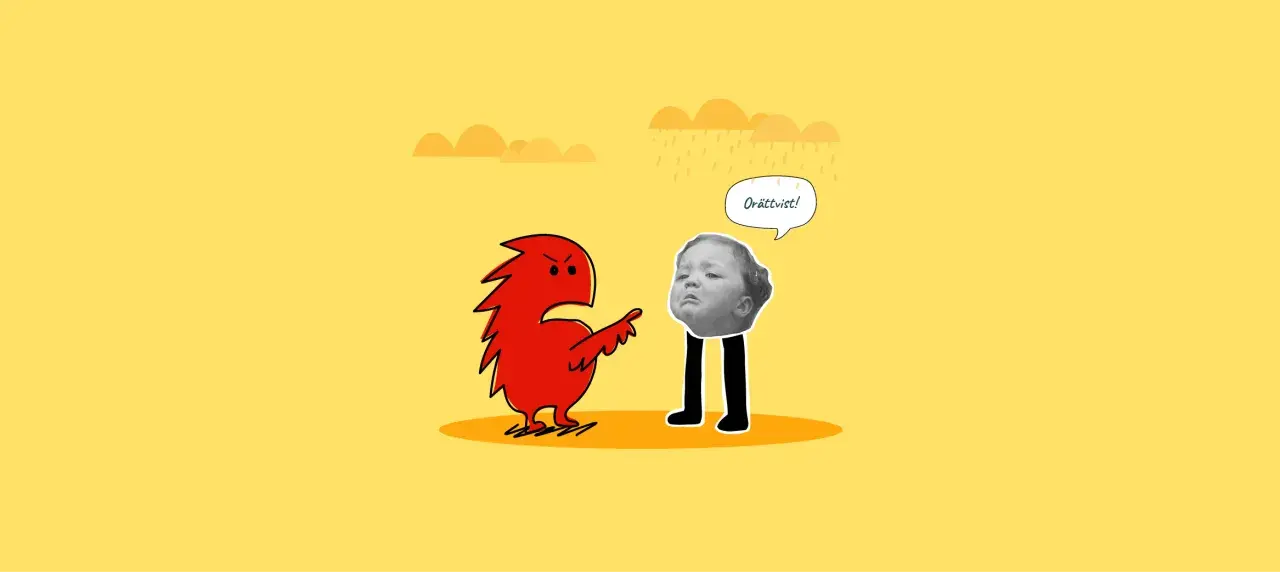 Röd figur pekar anklagande på ett barnansikte med ben. Barnet säger "Orättvist!". En illustration av destruktivt ledarskap.