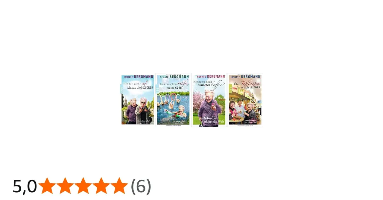 Vier Buchcover von Renate Bergmann in Reihenfolge: "Ich bin nicht. süß, ich hab bloß Zucker", "Das bisschen Hüfte, meine Güte", "Kennense noch Blümchenkaffee?" und "Über Topflappen freut sich ja jeder".
