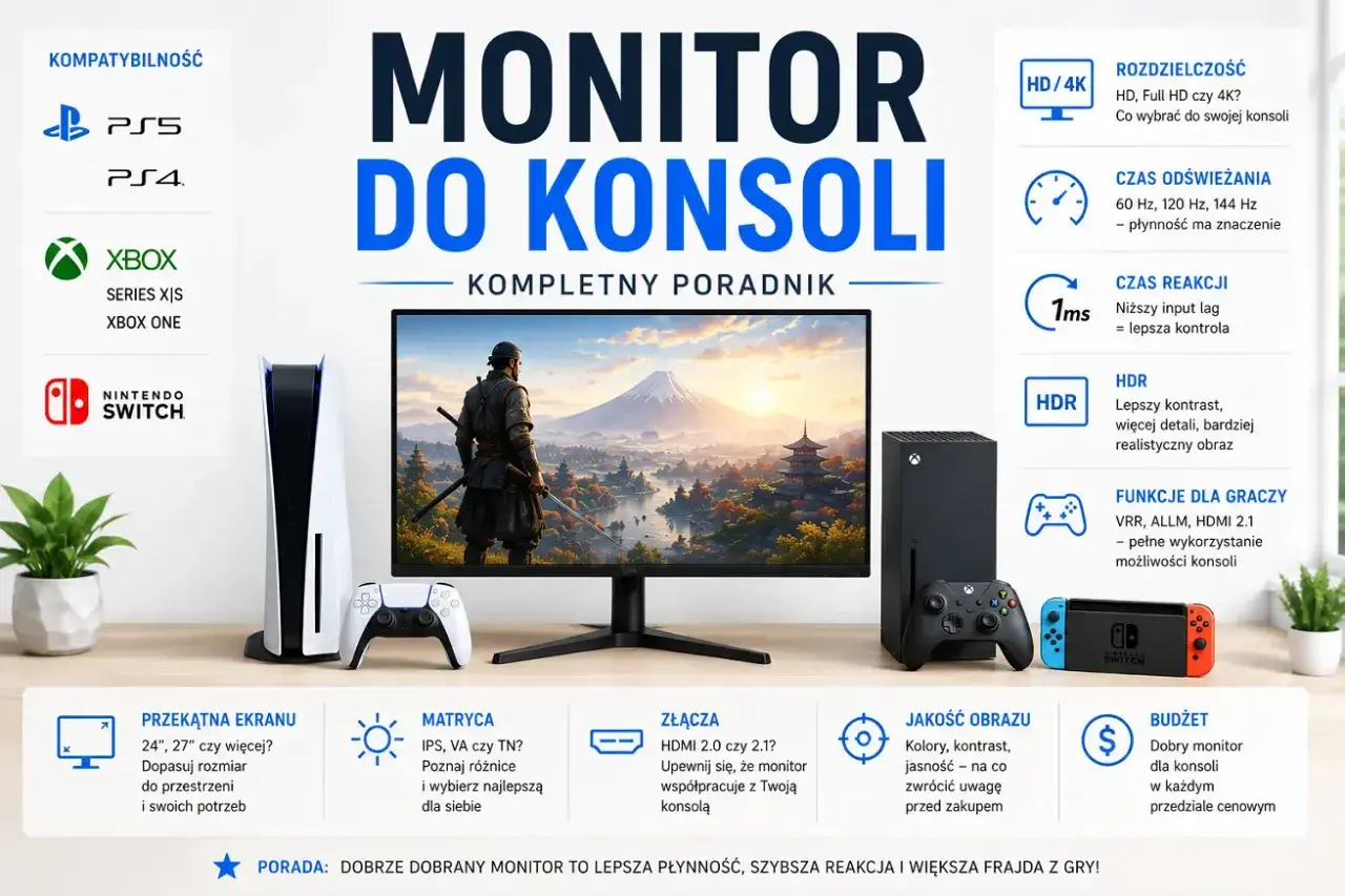 Konsola PlayStation 5 i Xbox Series X obok monitora z grafiką z gry, idealne do grania na konsoli.