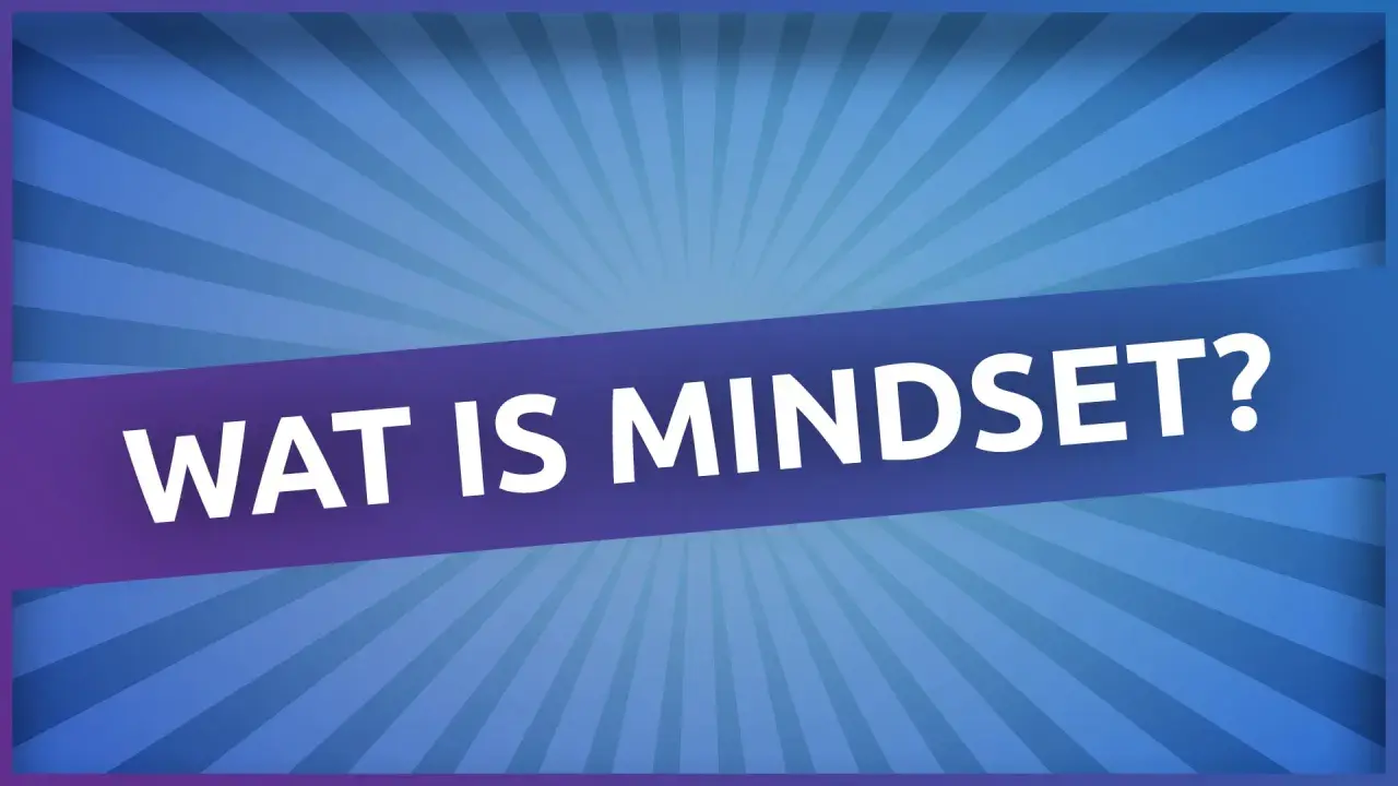 Een ander woord voor mindset is instelling. De tekst "WAT IS MINDSET?" staat op een paarse band tegen een blauwe achtergrond met stralen.