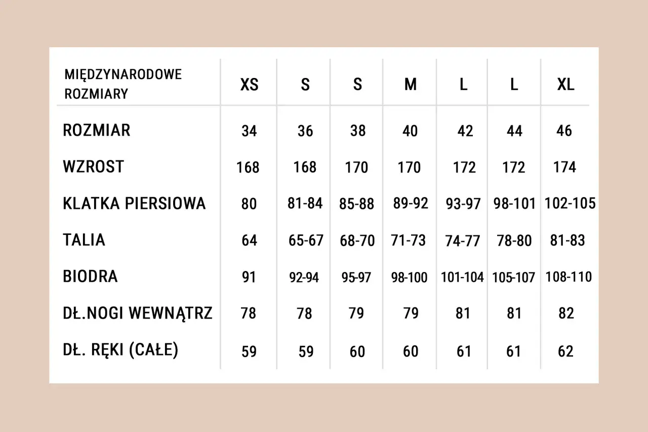 Tabela rozmiarów odzieży i butów: międzynarodowe rozmiary XS-XL, rozmiar, wzrost, klatka piersiowa, talia, biodra, dł. nogi, dł. ręki.