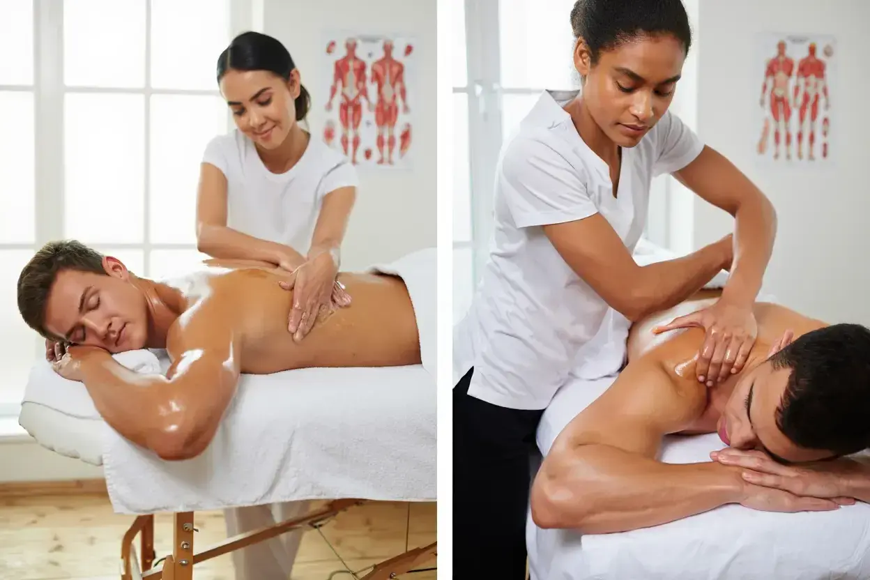 Deux hommes reçoivent un massage thérapeutique. Le massage thérapeutique, c'est une approche manuelle pour soulager les tensions.