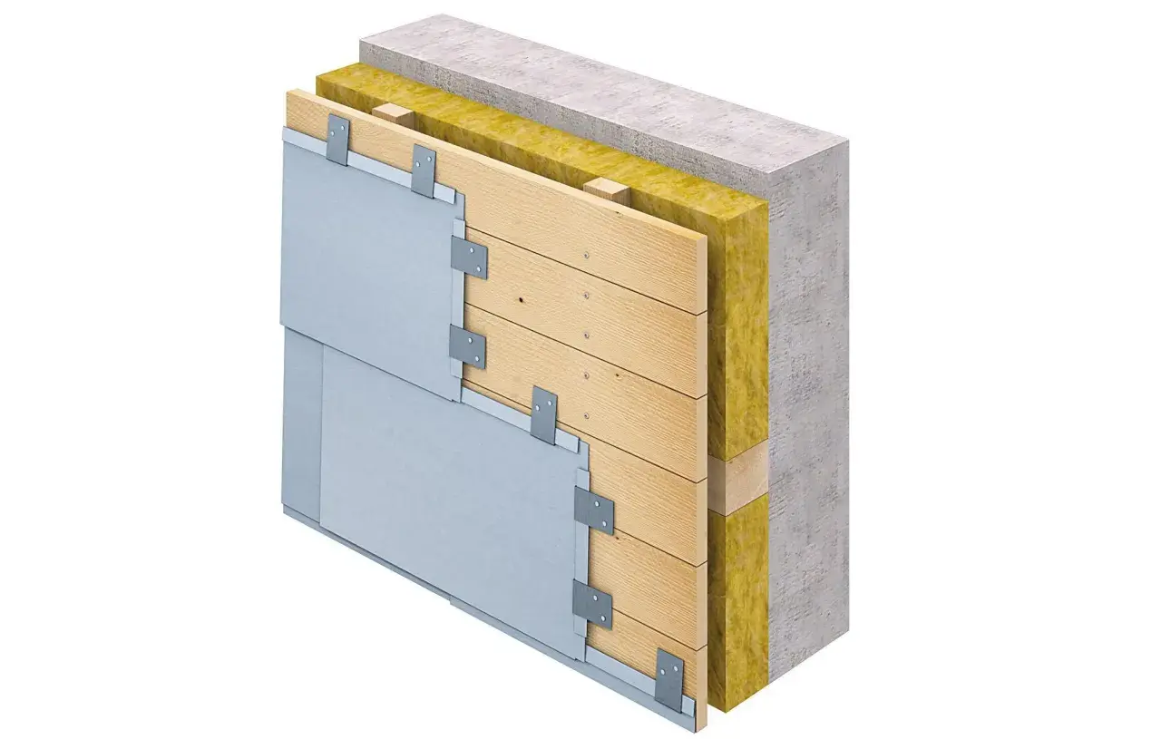 Przekrój ściany wentylowanej: beton, wełna mineralna, drewniana konstrukcja, folia flizelinowa i metalowe panele elewacyjne.