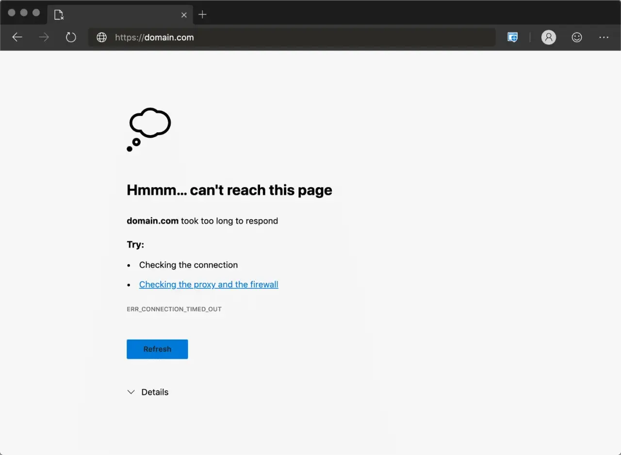 Strona domain.com nie odpowiada, wystąpił błąd ERR_CONNECTION_TIMED_OUT. Sprawdź połączenie.