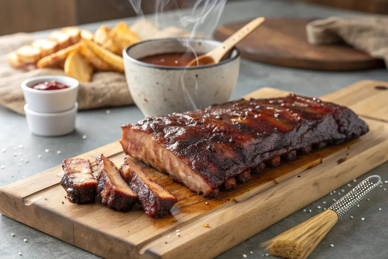 Costine succulente in friggitrice ad aria, glassate e fumanti, servite con patate e salsa barbecue.