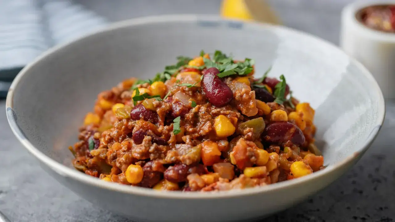 Miseczka pełna aromatycznego chili con carne z fasolą, kukurydzą i mielonym mięsem, posypana świeżą natką pietruszki.