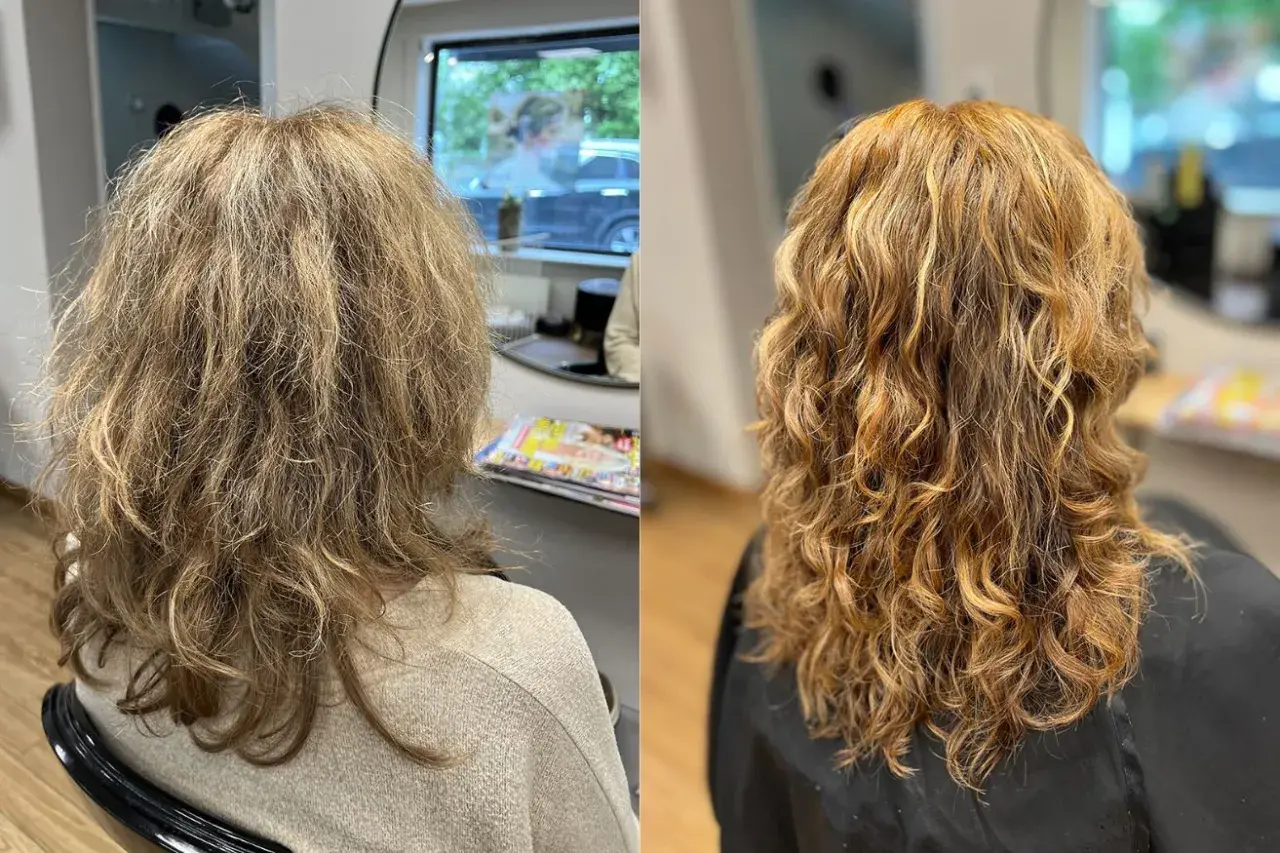 Före och efter-bild på frissigt hår som förvandlats till vackra, definierade lockar.