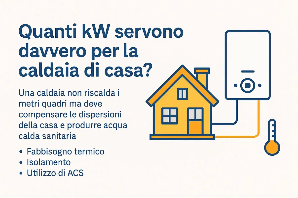 Quanti kW servono per la caldaia di casa? L'immagine illustra una casa, una caldaia e un termometro, suggerendo che la scelta dei kW dipende da fabbisogno termico, isolamento e uso ACS.