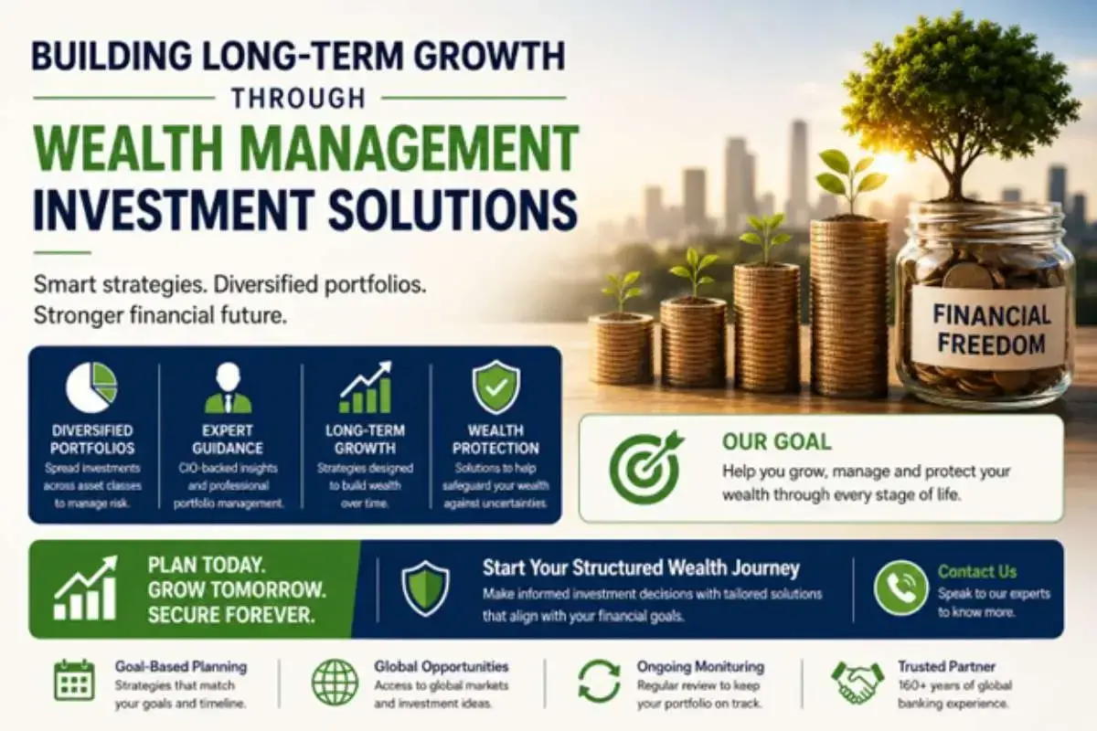 Langfristiges Wachstum durch Wealth Management. Münzstapel mit Pflanzen und ein Glas "Financial Freedom" symbolisieren, wie Sie mit Fonds investieren können.
