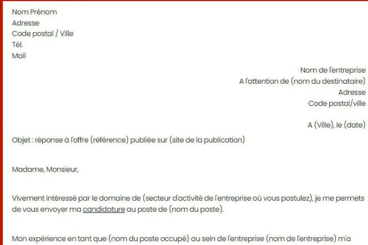 Modèle de lettre de motivation avec champs à remplir pour une candidature spontanée ou en réponse à une offre.