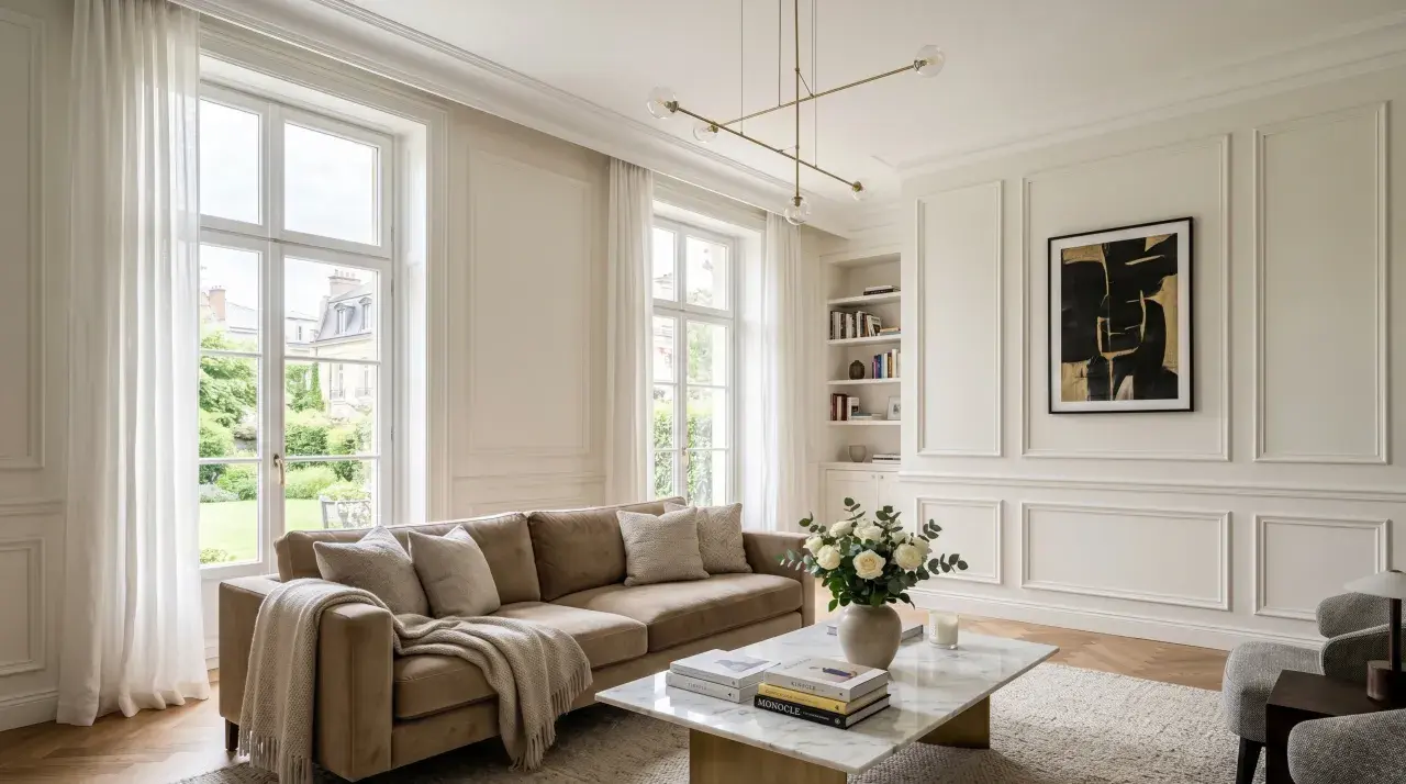 Elegancki salon z sofą, marmurowym stolikiem i bukietem róż. Wnętrze zdobi subtelna sztukateria w salonie, dodająca mu klasy.