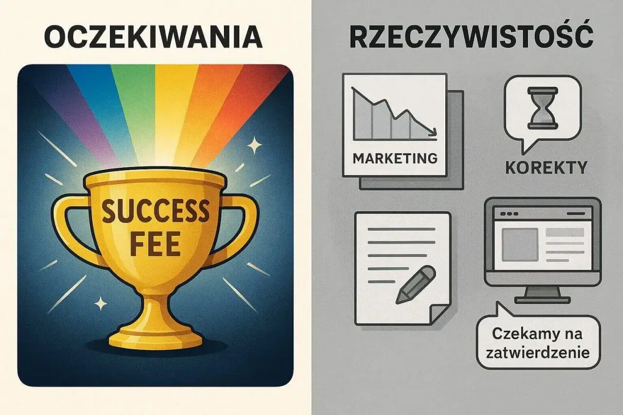 Oczekiwania: złoty puchar z napisem "SUCCESS FEE" i tęczą. Rzeczywistość: wykresy, korekty, dokumenty i czekanie na zatwierdzenie.