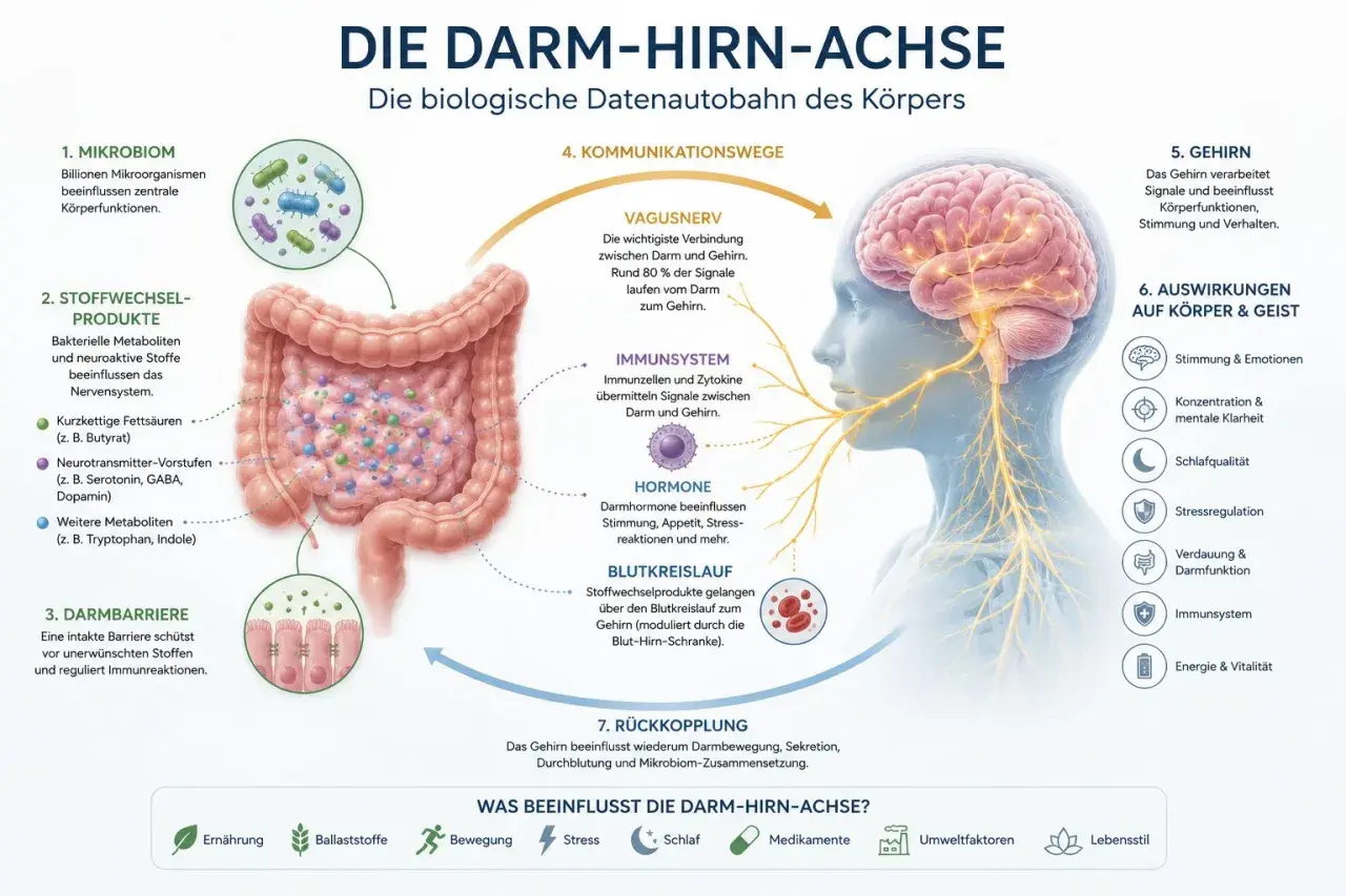 Die Darm-Hirn-Achse: Ein komplexes Netzwerk, das Gehirn, Darm und Mikrobiom verbindet. Stoffwechselprodukte, Hormone und Nervensignale beeinflussen Stimmung und Gesundheit.