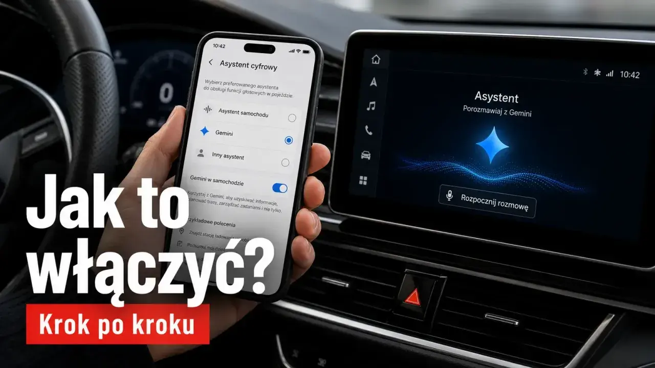 Ręka trzyma telefon z włączonym lusterkiem w telefonie, pokazującym ustawienia asystenta Gemini. Obok ekran samochodu z tym samym asystentem.