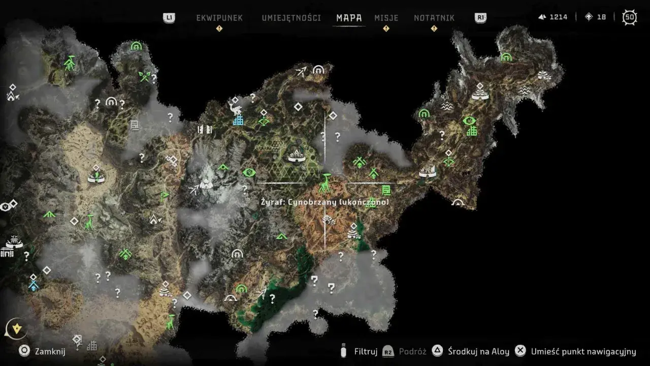 Mapa Horizon Zero Dawn z zaznaczonymi celami, w tym Żyrafem: Cynobrzany (ukończono).