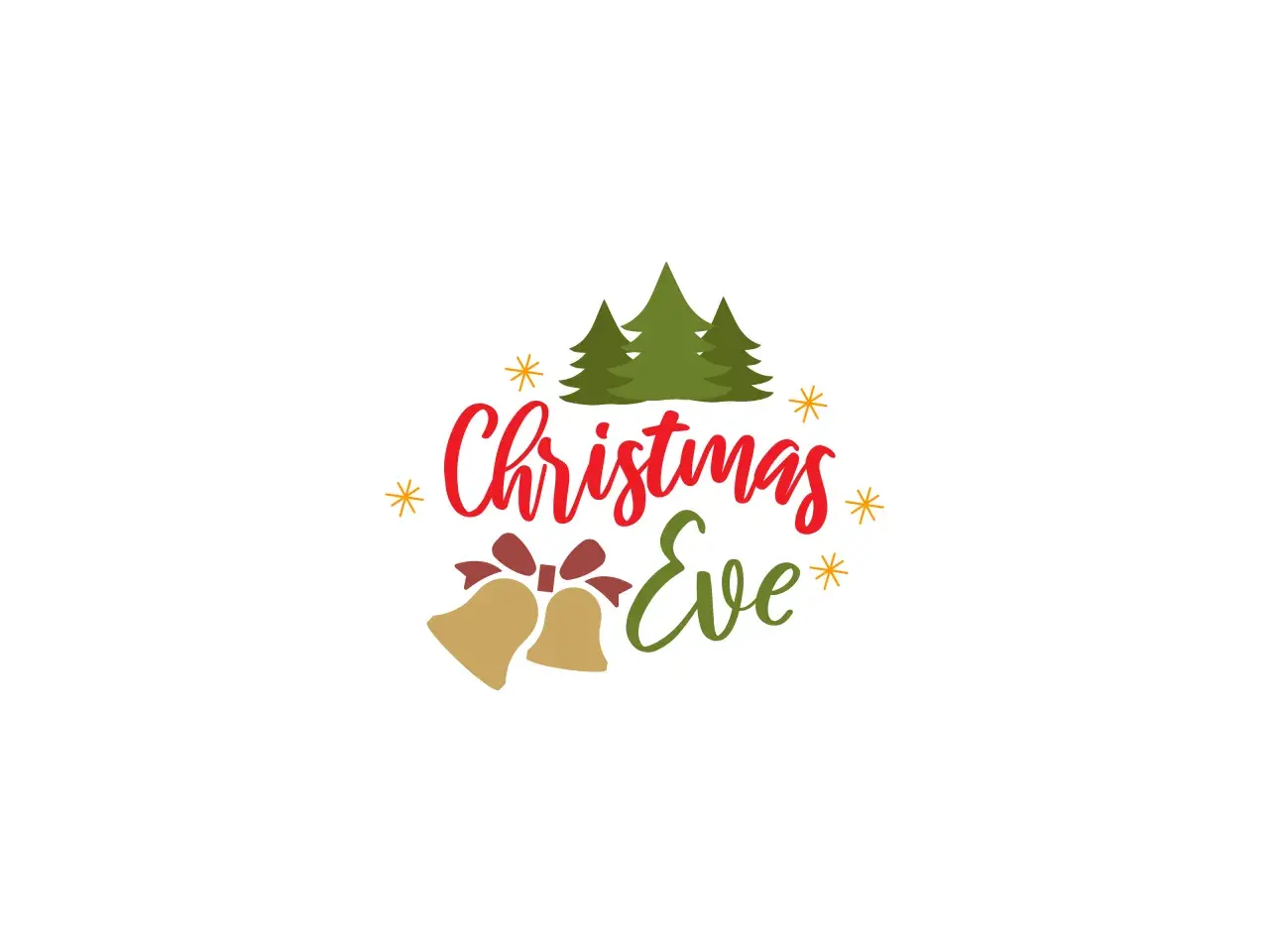 Come si scrive vigilia di Natale: alberi verdi, campane dorate con fiocco rosso e stelle arancioni circondano la scritta "Christmas Eve".