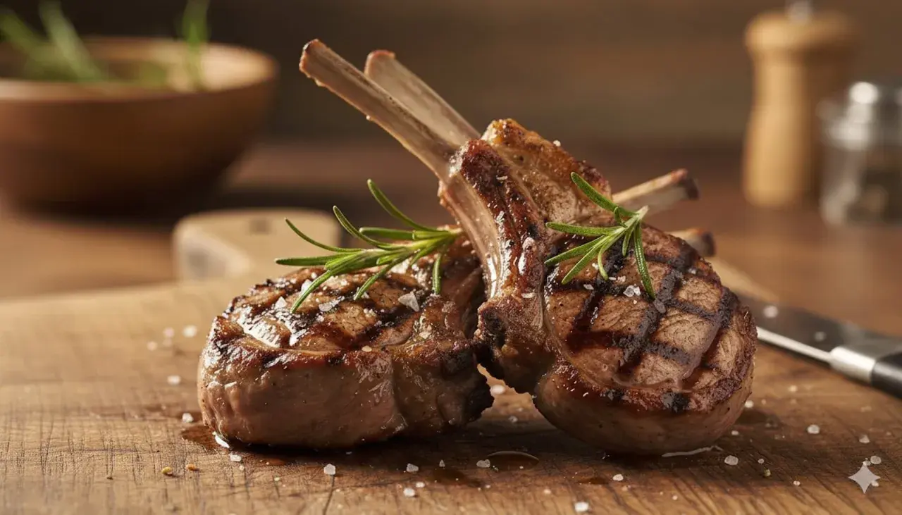 Costine allo spiedo succulente e grigliate, guarnite con rosmarino fresco e sale grosso su un tagliere di legno.