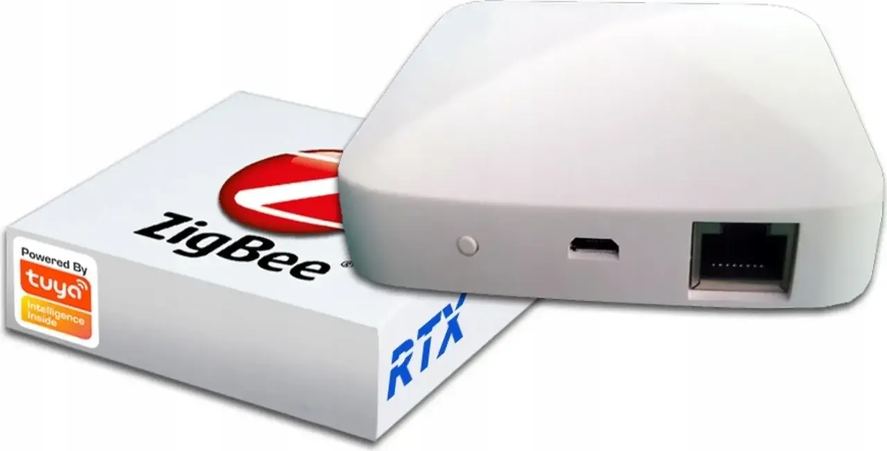 Biały hub ZigBee z logo Tuya Smart, gotowy do stworzenia inteligentnego domu.