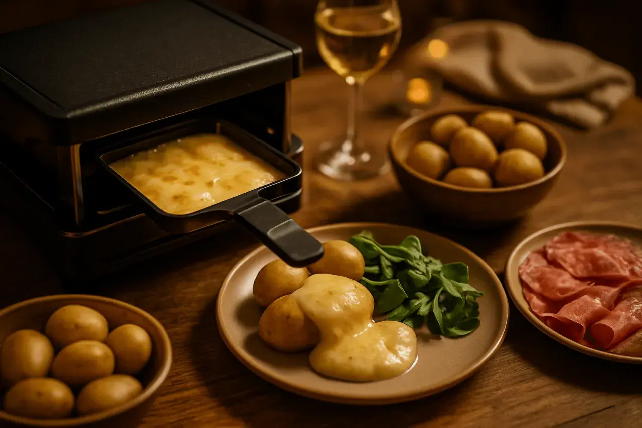 Appareil à raclette avec fromage fondu, pommes de terre, salade et charcuterie. Tous les ingrédients pour une raclette réussie sont prêts à être dégustés.