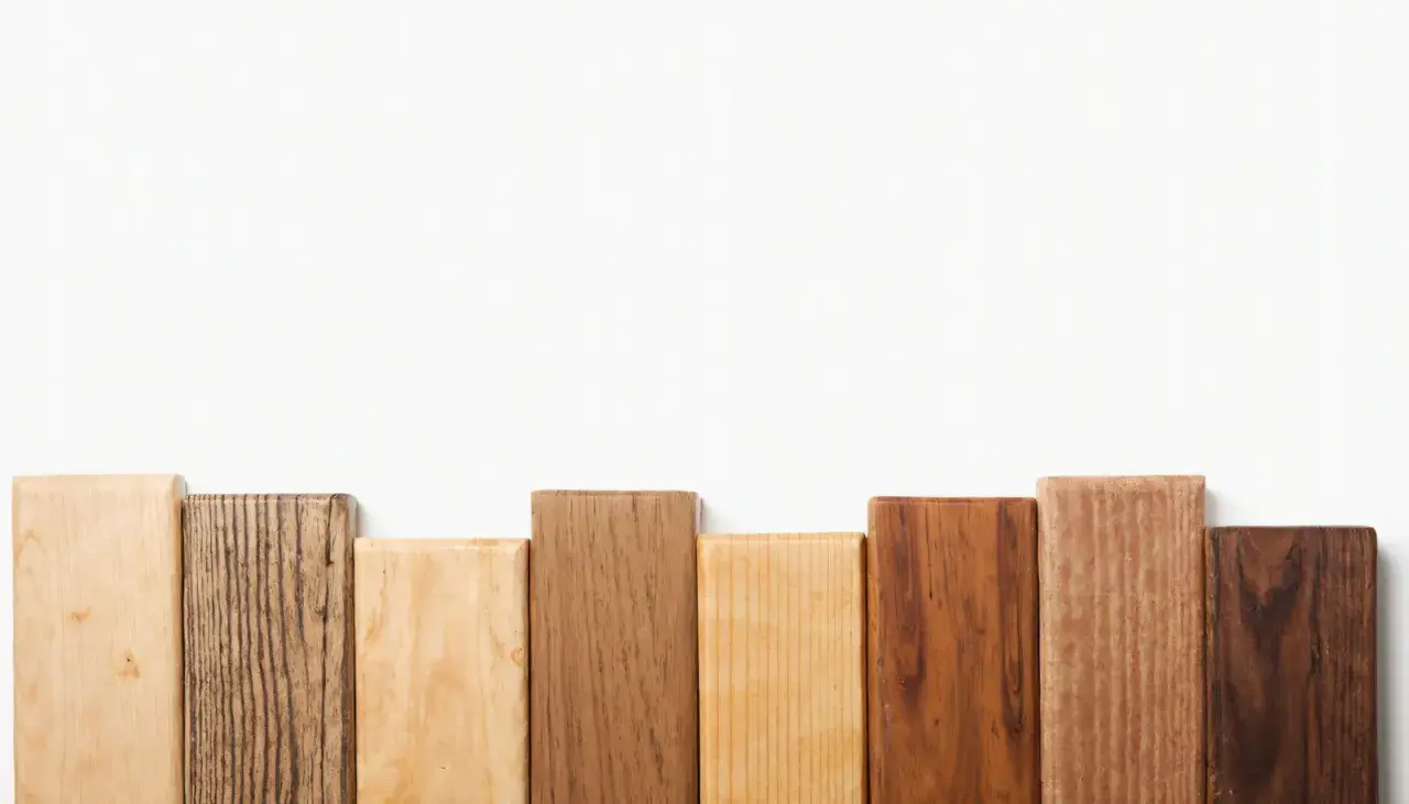 Bloques de madera dura de diferentes tonos y texturas, dispuestos en fila sobre fondo blanco.