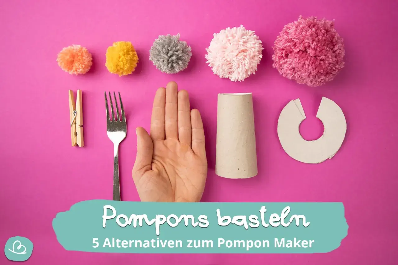 Bunte Pompons basteln: Gabel, Wäscheklammer, Hand, Papprolle und Kartonring als Alternativen zum Pompon Maker.