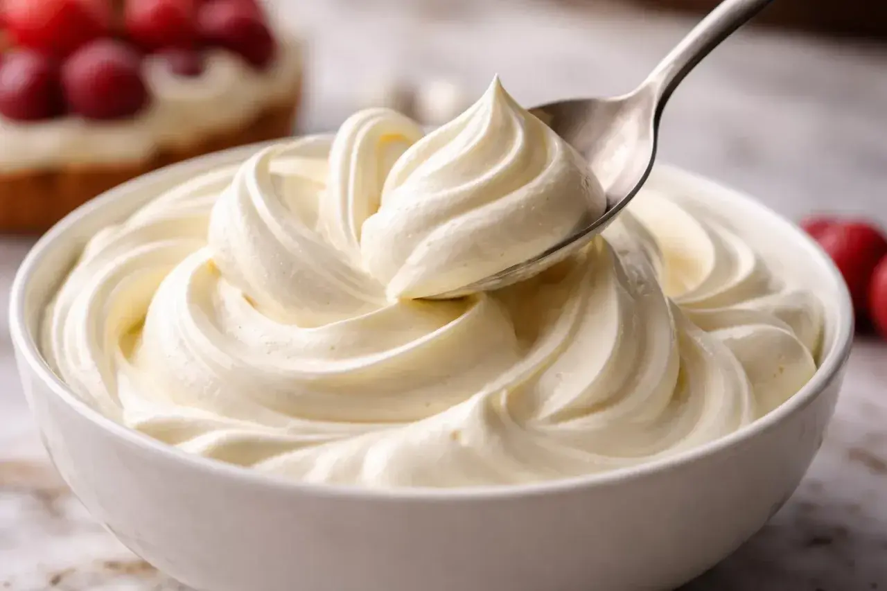Une cuillère prélève une portion de chantilly mascarpone onctueuse dans un bol blanc. Des fruits rouges sont visibles en arrière-plan.