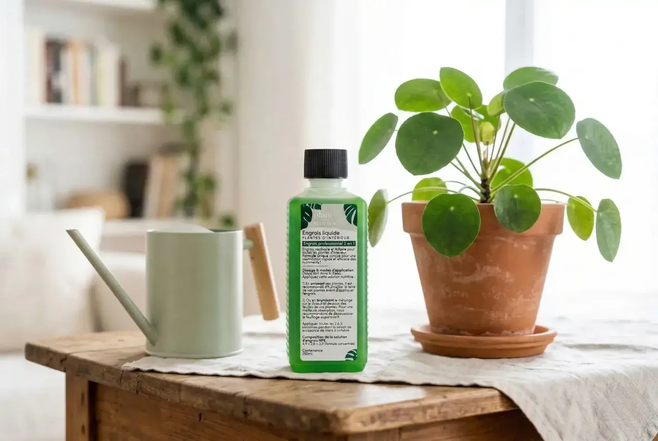 Bouteille d'engrais naturel pour plante verte d'intérieur, à côté d'un arrosoir et d'une plante.