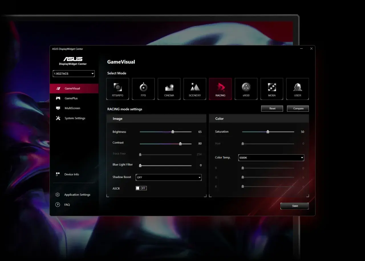 ASUS DisplayWidget Center mit ausgewählten "RACING"-Einstellungen für den ASUS ROG Strix XG27ACS Monitor.