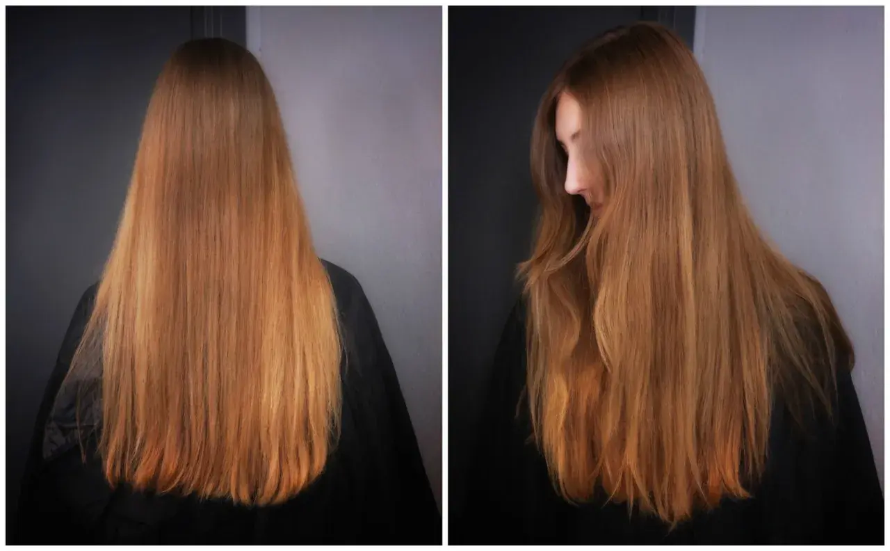 Före- och efterbilder på en person som gör en hårfärgning från brunt till blont hemma.