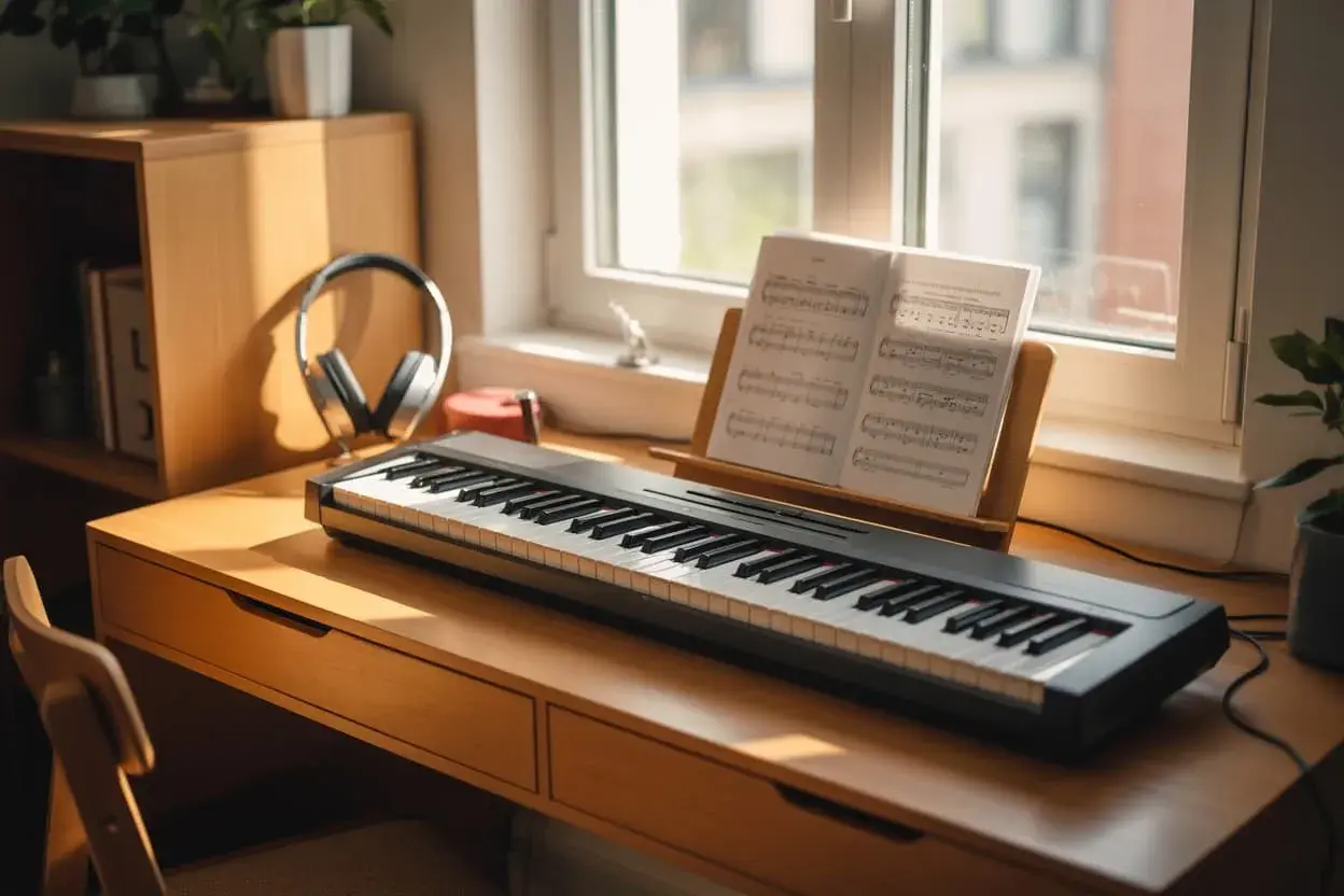 Un piano numérique prêt à l'emploi, avec partitions, sur un bureau en bois près d'une fenêtre. Idéal pour louer un piano numérique et commencer à jouer.