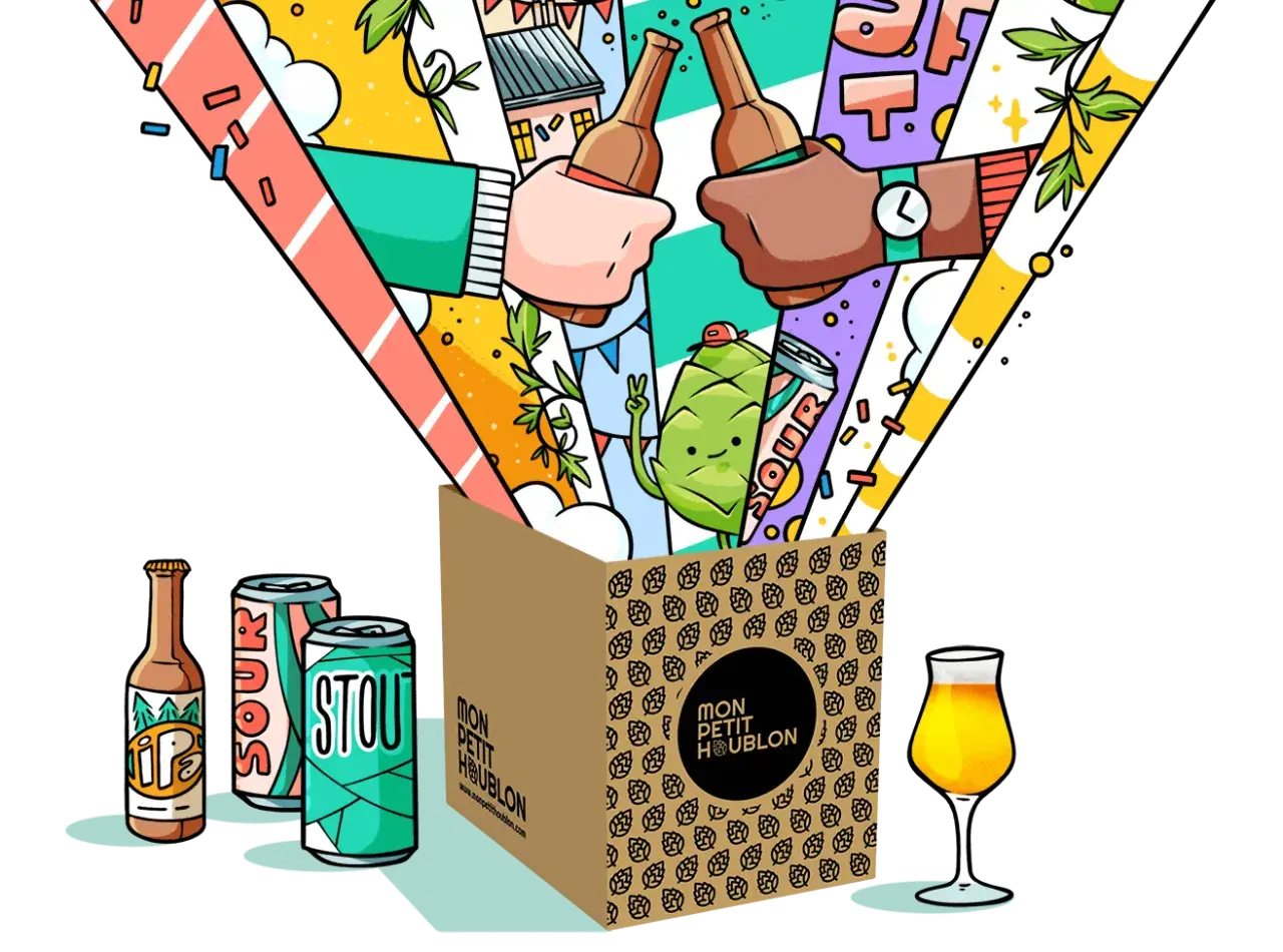 Une boîte déborde de bières festives, dont une IPA, une Sour et une Stout. L'indice amertume bière est présent dans cette joyeuse célébration houblonnée.