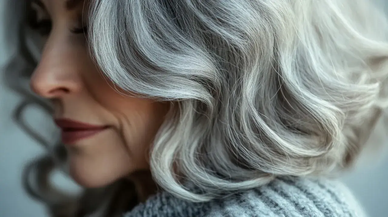 El cabello plateado de una mujer, con ondas suaves, muestra la belleza natural de porque salen las canas.