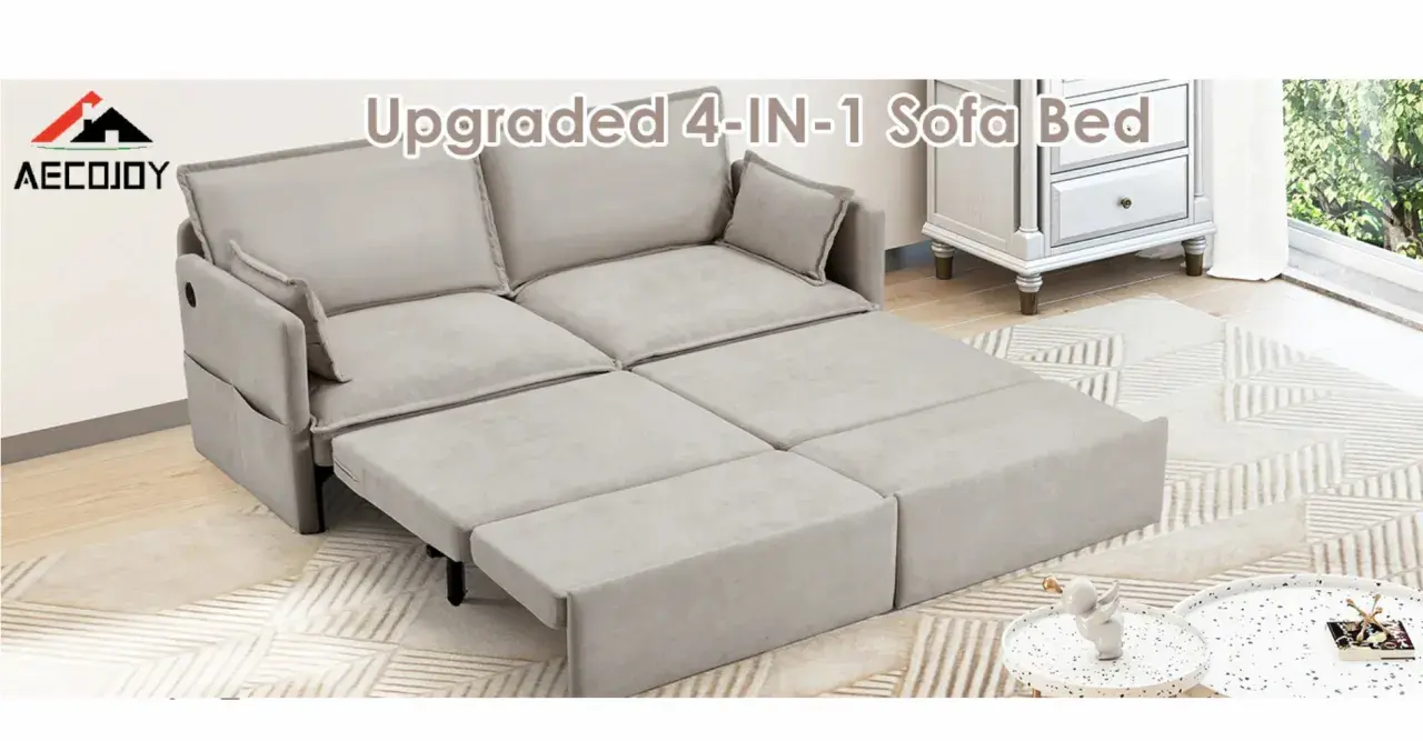 A light gray, 4-in-1 pull-out sofa bed is shown partially unfolded, revealing its versatile design.