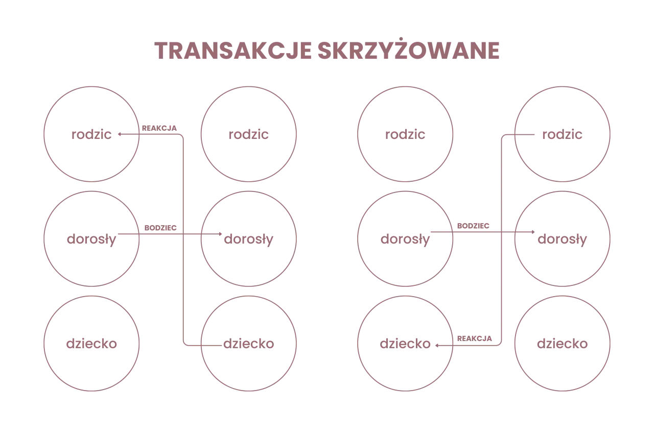 Schemat analizy transakcyjnej: rodzic, dorosły, dziecko w interakcji. Bodziec i reakcja między stanami ego.